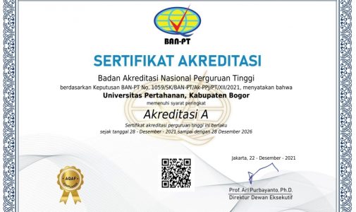 Berdasarkan Keputusan Badan Akreditasi Nasional (BAN-PT) No. 1059/SK/BAN-PT/AK-PPJ/XII/2021, Universitas Pertahanan RI (Unhan RI) kembali dinyatakan memenuhi syarat peringkat “AKREDITASI A”, dengan sertifikat Akreditasi A, berlaku  tanggal 28 Desember 2021 sampai dengan 28 Desember 2026.