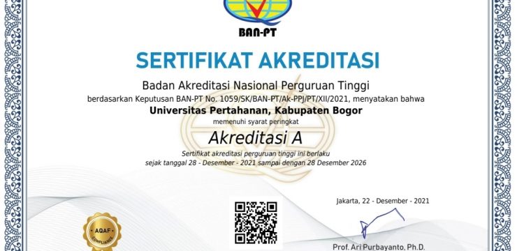 Berdasarkan Keputusan Badan Akreditasi Nasional (BAN-PT) No. 1059/SK/BAN-PT/AK-PPJ/XII/2021, Universitas Pertahanan RI (Unhan RI) kembali dinyatakan memenuhi syarat peringkat “AKREDITASI A”, dengan sertifikat Akreditasi A, berlaku  tanggal 28 Desember 2021 sampai dengan 28 Desember 2026.