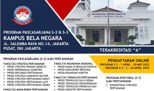 Universitas Pertahanan RI (Unhan RI) kembali membuka Penerimaan Mahasiswa Baru (PMB) Program Beasiswa Pascasarjana S-2 dan S-3 bagi Anggota TNI, Polri, ASN, maupun Masyarakat Umum yang dibuka mulai tanggal: Program S-2 tanggal 1 April s.d 20 Mei 2022 Program S-3 tanggal 1 s.d 24 April 2022 Pendaftaran secara online, syarat dan ketentuan kunjungi Website Unhan RI pada (www.idu.ac.id)