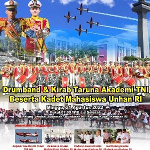 Saksikan  Drumband dan Kirab Taruna Akademi TNI beserta kadet mahasiswa Unhan RI dimeriahkan oleh   orkestra, paduan suara dan kolintang kadet mahasiswa Unhan RI serta Tim Aerobatik Jupiter TNI AU pada saat Car Free day,  Minggu 21 Agustus 2022 pukul 07.00 sd Selesai